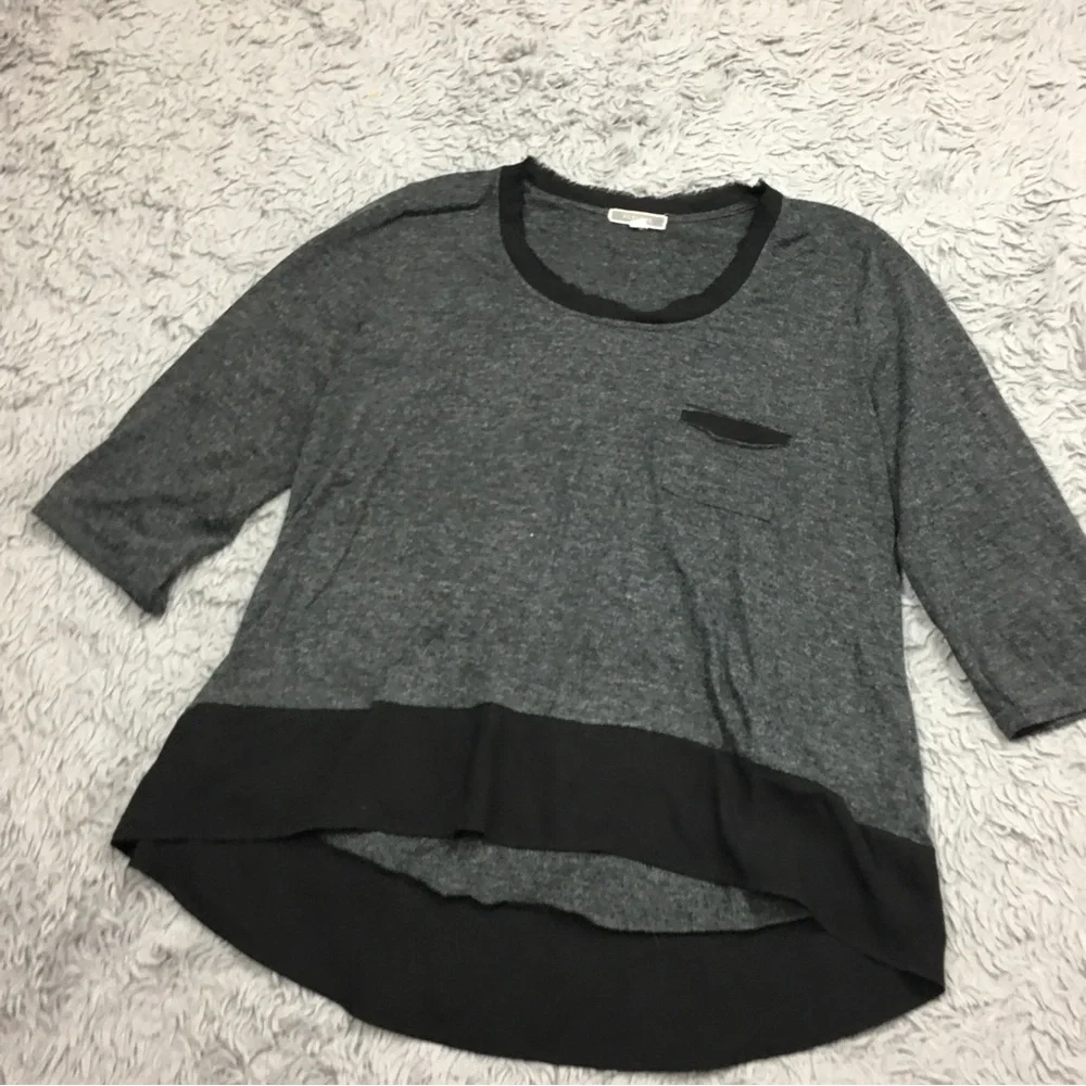 Anthropologie Pleione  Contrast Trim Chiffon Top High Low Chest Pocket Gray XL - Picture 3 of 16
